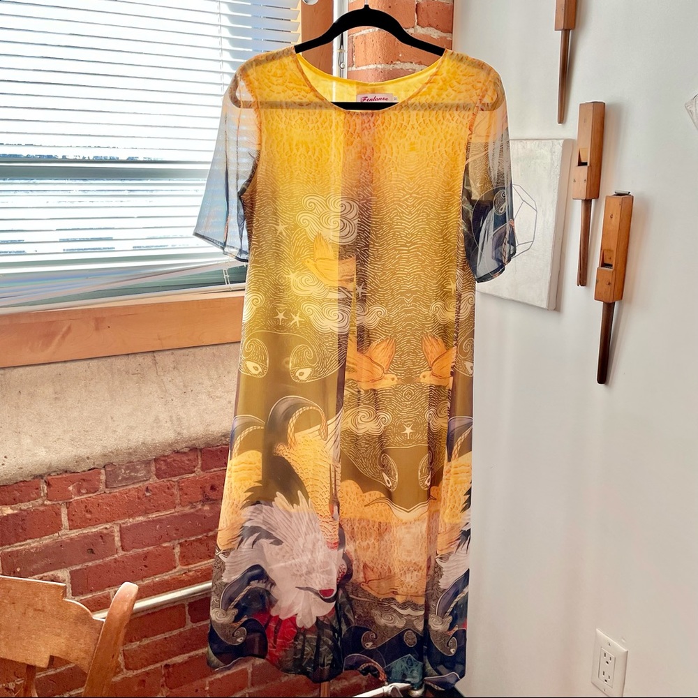 Silk print dress high-low, sheer & lined  $15